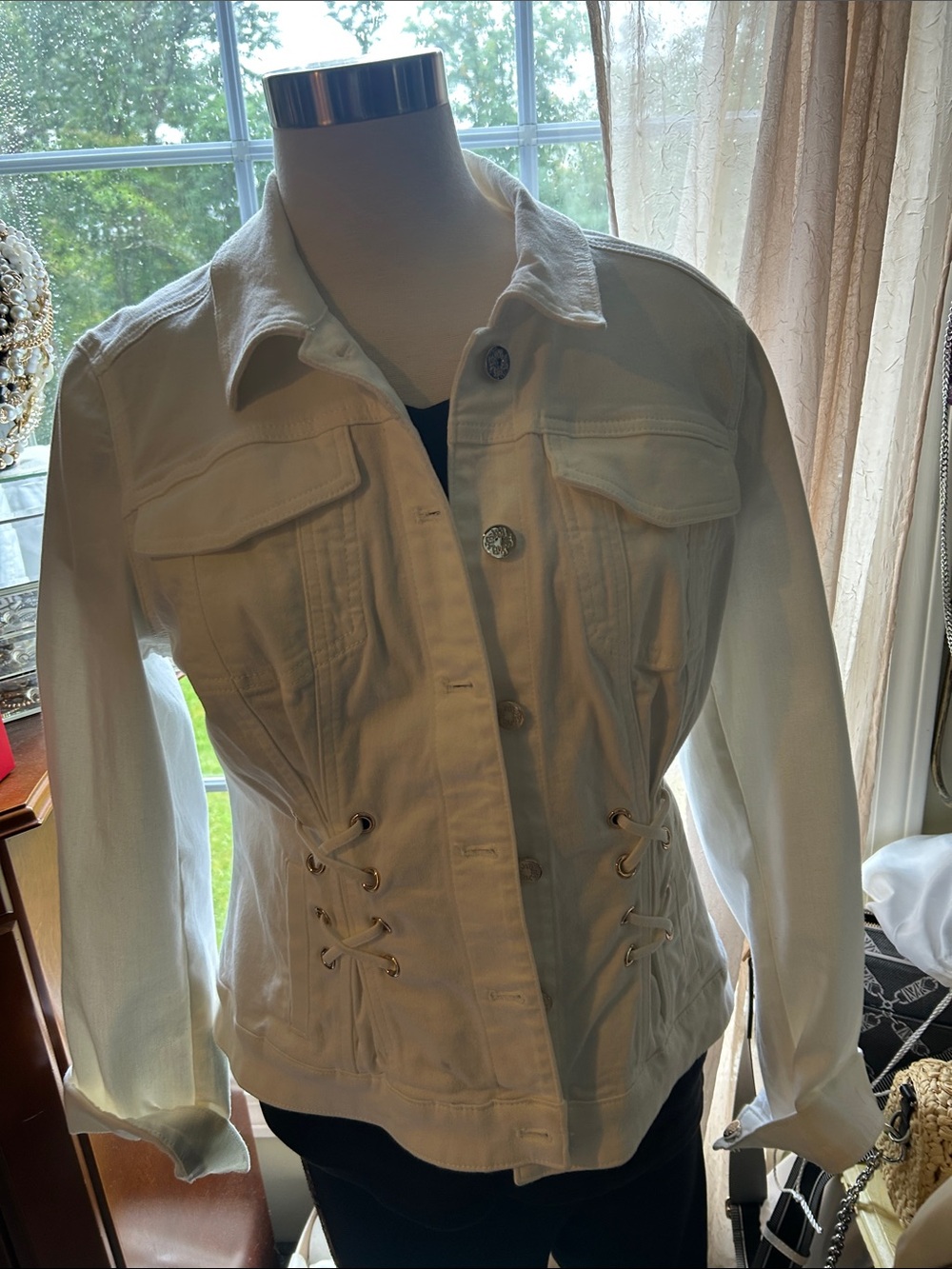 White House Black Market Women's White Lace-Up Waist Denim Jacket